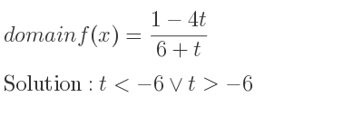 The domain of f(x)=(1-4t)/(6+t) is t<-6\lor t>-6